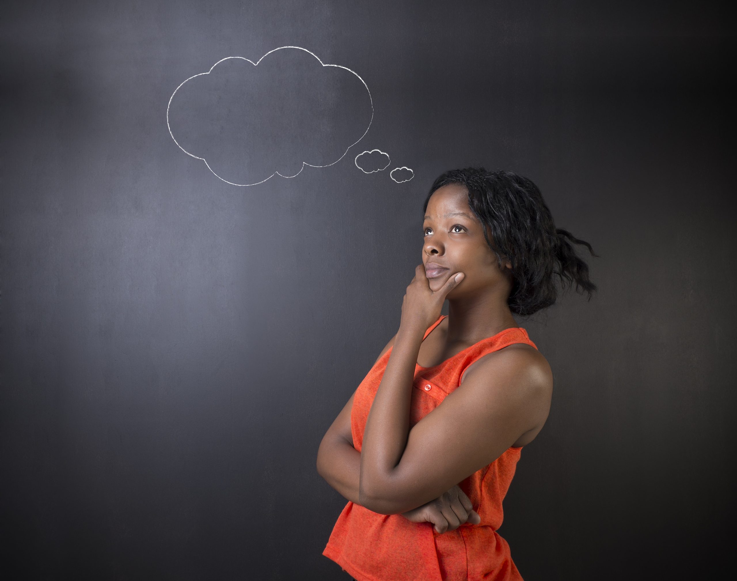 Black woman thinking with thought bubbles.