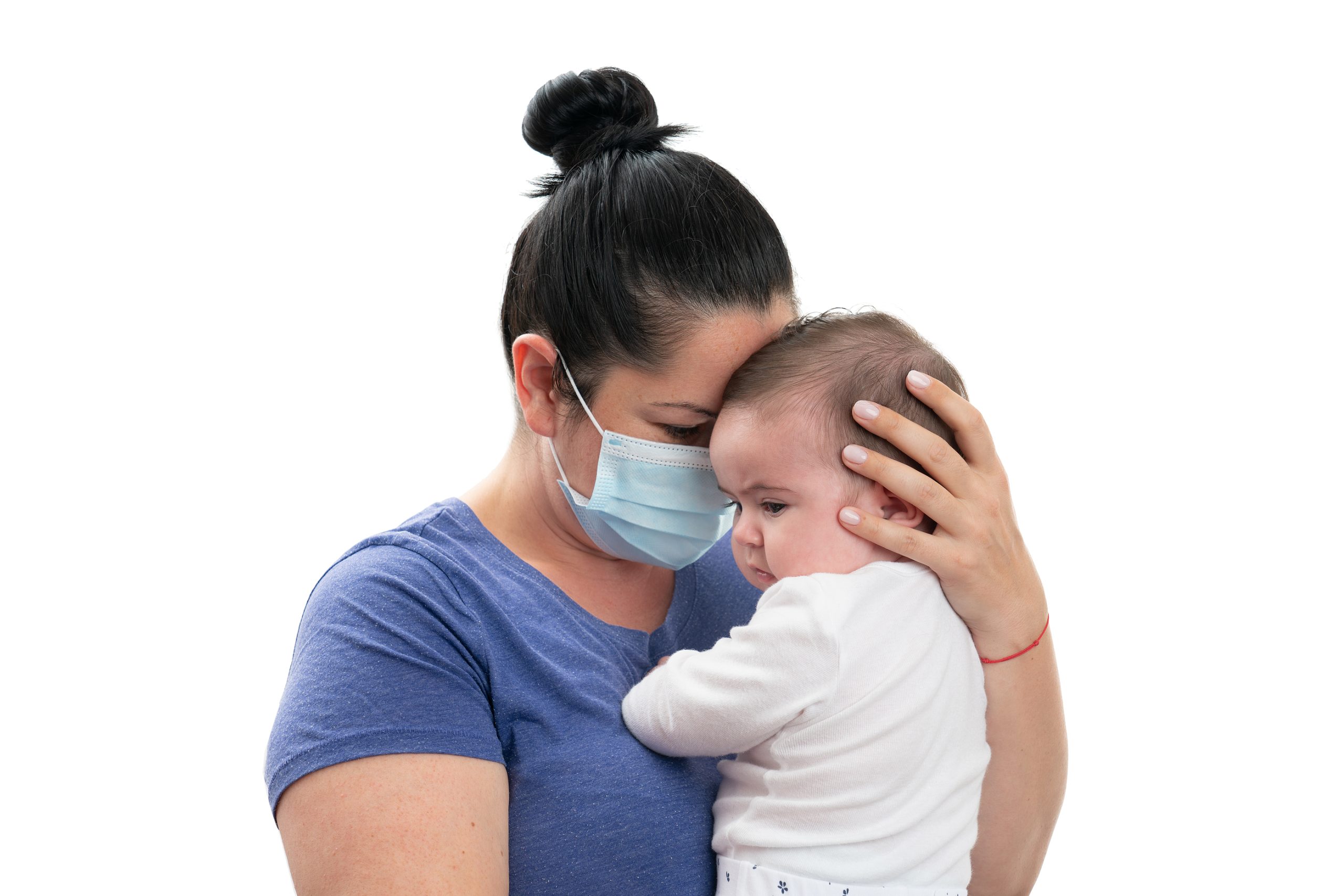 mother with mmask holding baby, pandemic