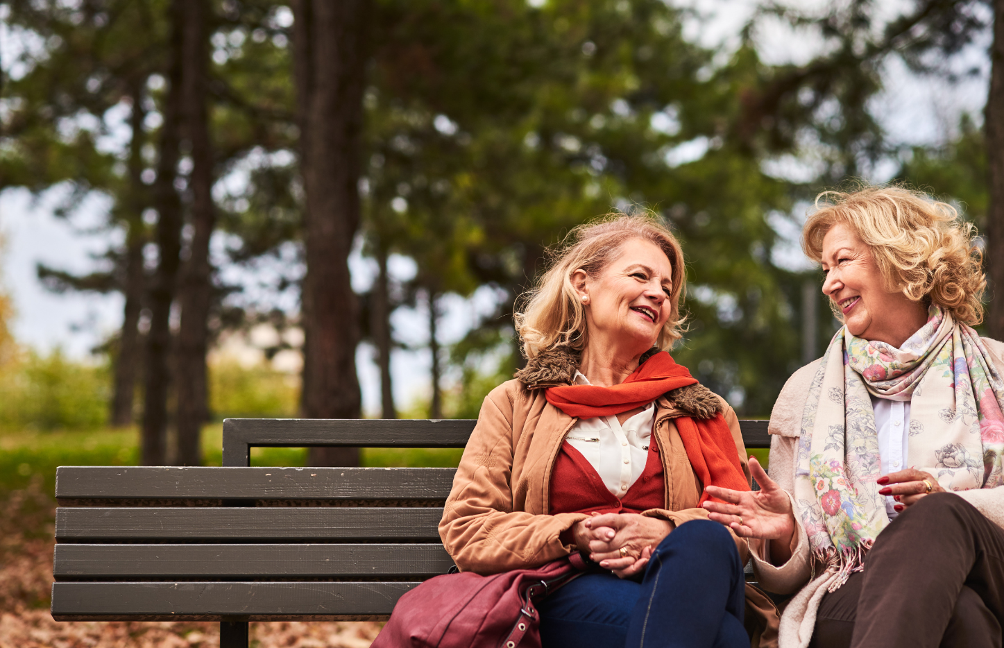 two women sitting on a park bench