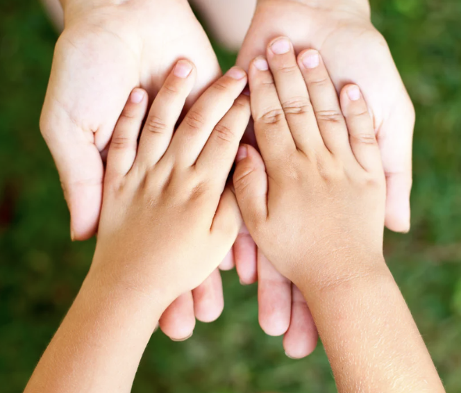 a child's hands laid on top of parents hands