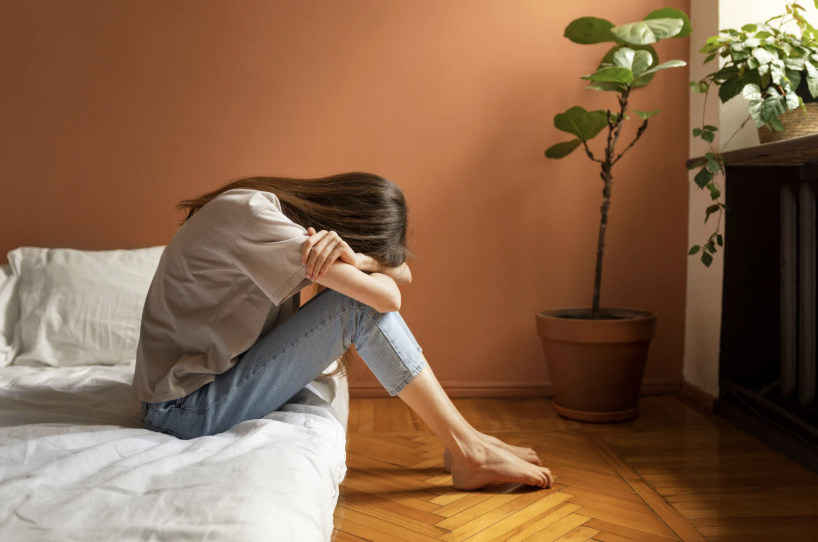 woman sitting on bed with head in knees
