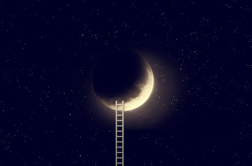 ladder reaching up to a crescent moon