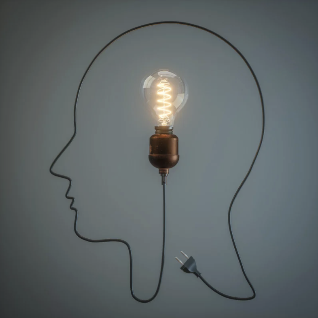 illuminated lightbulb and cord creating head shape